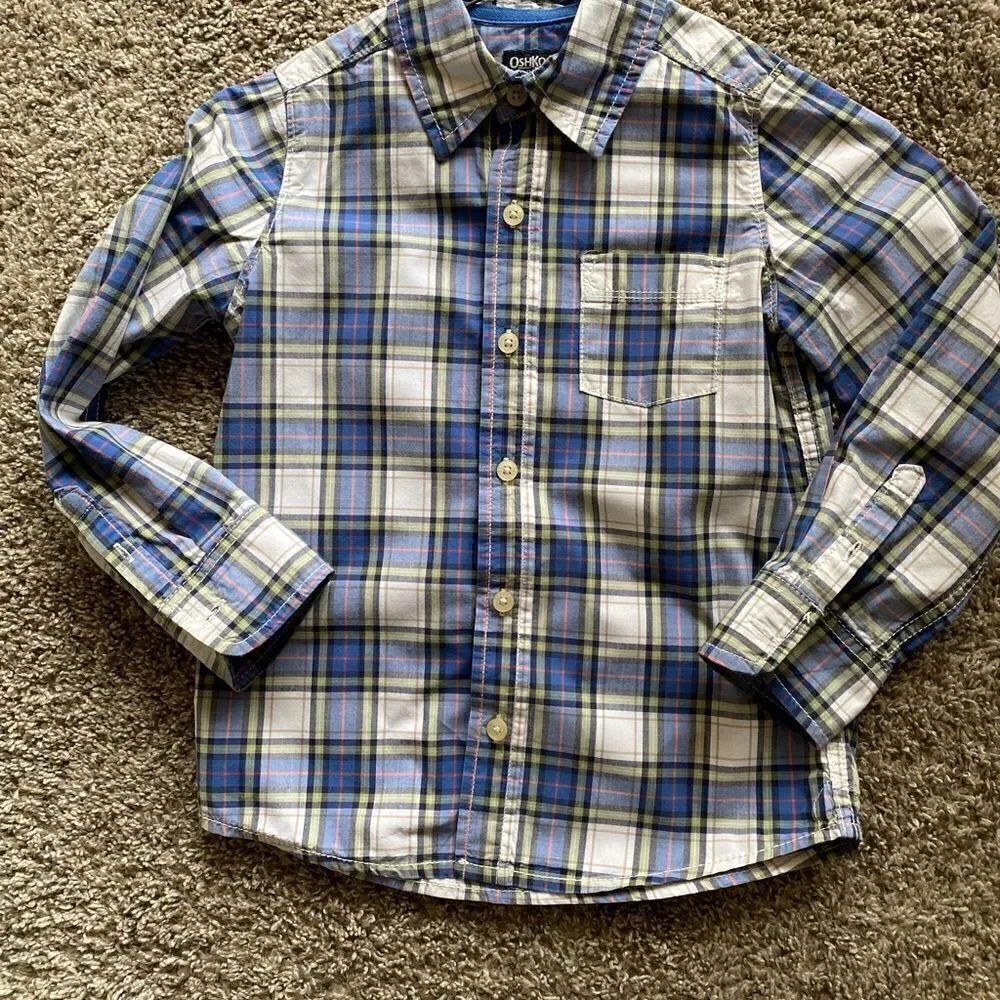 Boys Button Plaid Casual Dress Shirt, Oshkosh B’Gosh, Front Pocket, Long Sleeve